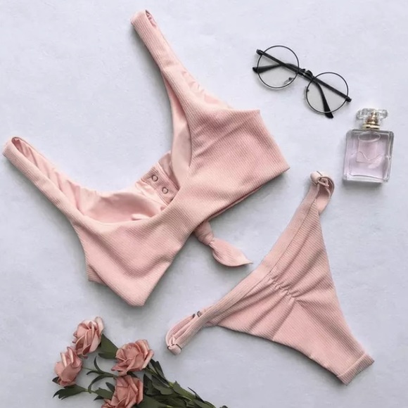SOLD OUT CLEARANCE Blush Pink Ribbed Knotted 2Pc Bikini Swimsuit - Picture 3 of 3